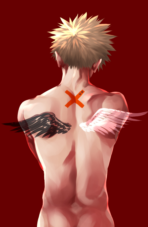 1boy back bakugou_katsuki black_wings blonde_hair boku_no_hero_academia commentary_request facing_away from_behind male_focus nude red_background short_hair simple_background solo spiky_hair tattoo toned toned_male tonomayo transparent upper_body white_wings wings
