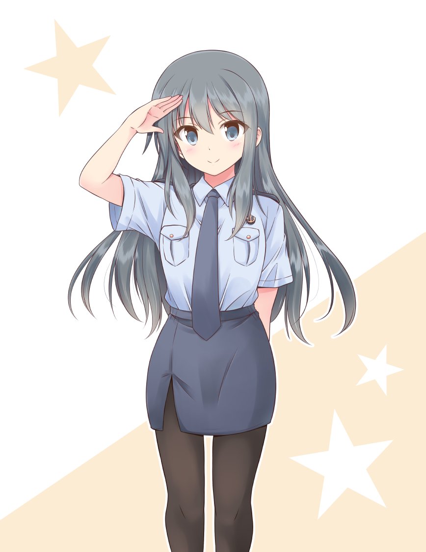 1girl anchor_symbol asashio_(kancolle) black_hair blue_eyes blue_shirt blush breast_pocket commentary_request eyebrows_visible_through_hair icesherbet kantai_collection long_hair necktie pantyhose pencil_skirt pocket police police_badge police_uniform policewoman salute shirt short_sleeves skirt smile starry_background two-tone_background uniform