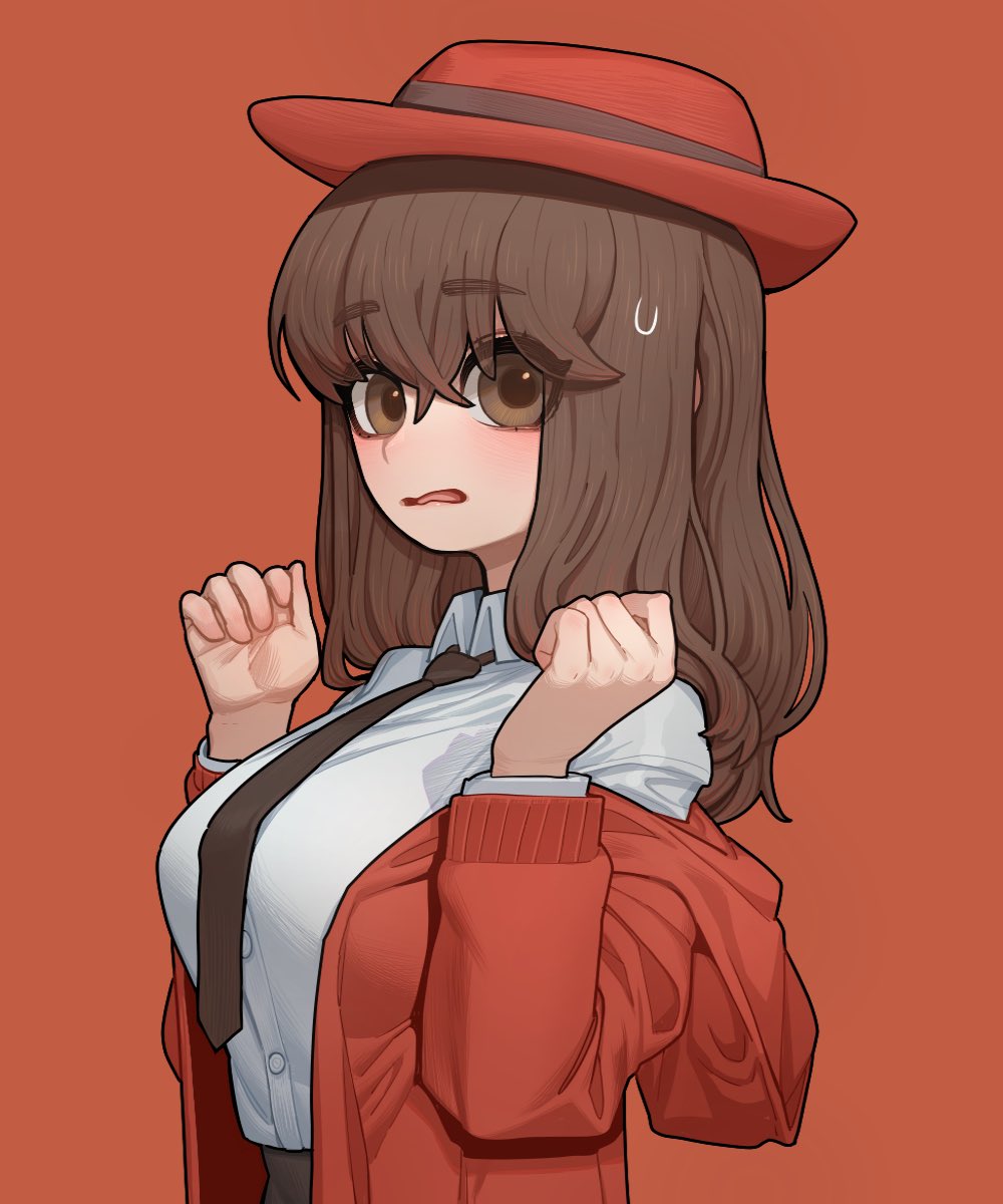 1girl blush breasts brown_eyes brown_hair brown_neckwear collared_shirt copyright_request hands_up hat highres hood hood_down hooded_jacket jacket large_breasts long_hair long_sleeves looking_at_viewer necktie parted_lips red_background red_headwear red_jacket shirt simple_background solo sparrowl sweatdrop upper_body white_shirt wing_collar