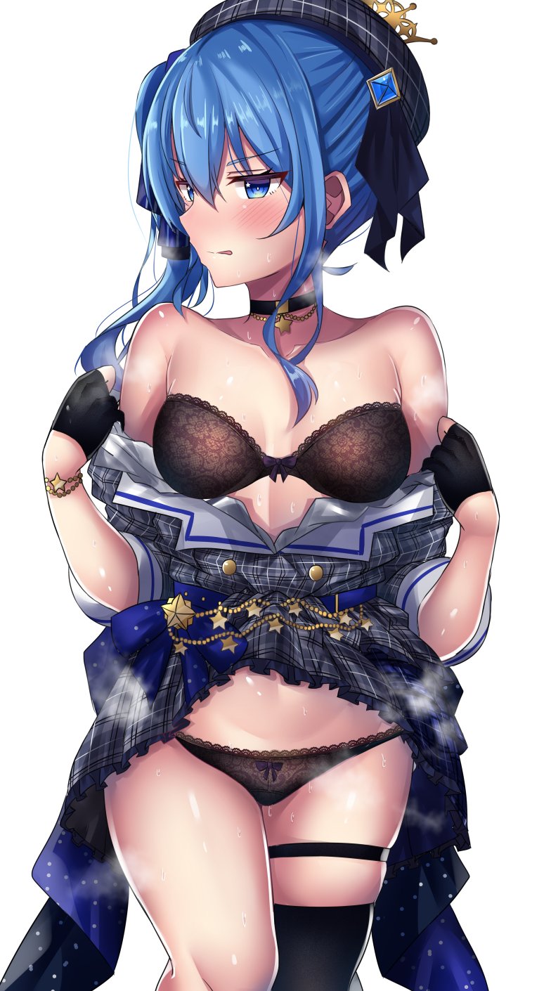 1girl beret black_bra black_gloves black_legwear black_panties blue_eyes blue_hair blue_ribbon blush bra bracelet breath choker clothes_lift clothes_pull crown dress dress_pull embarrassed eyebrows_visible_through_hair fingerless_gloves gloves hair_ribbon hat highres hololive hoshimachi_suisei jewelry mini_crown panties pendant pendant_choker plaid plaid_dress plaid_headwear ponytail pulled_by_self ribbon shiki_(catbox230123) side_ponytail simple_background single_thighhigh skirt skirt_lift solo star_(symbol) star_in_eye symbol_in_eye thigh-highs thighlet underwear undressing virtual_youtuber white_background