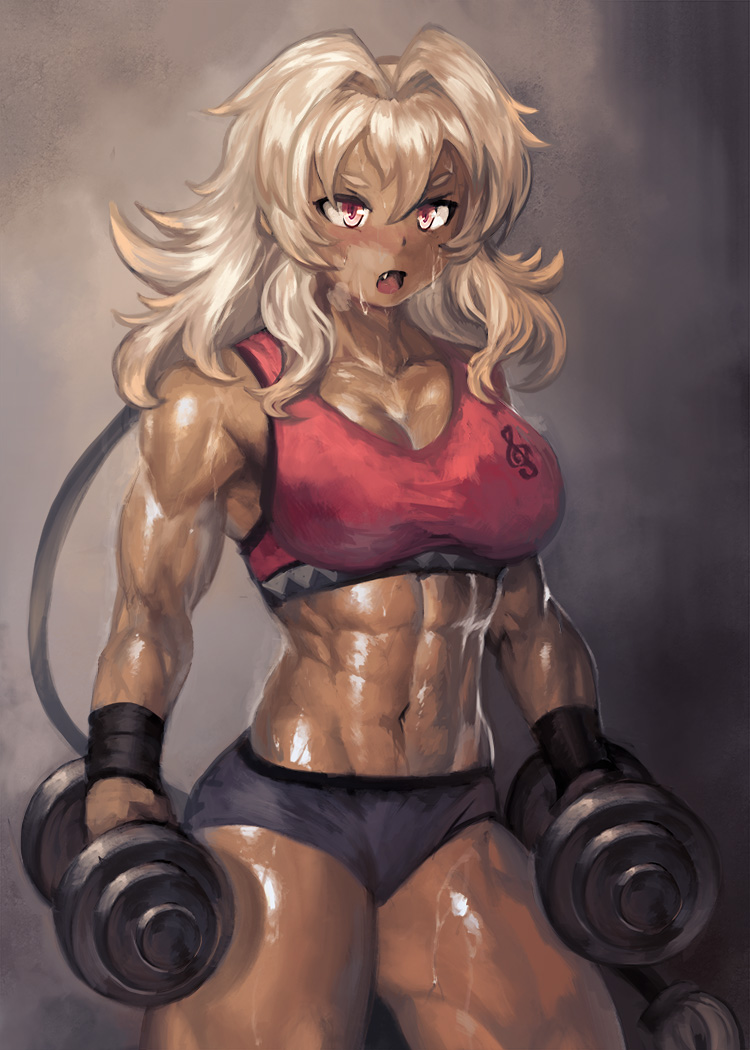 1girl abs blonde_hair collarbone contrapposto cosmic_break dumbbell exercise fang flareleon heavy_breathing long_hair midriff muscular muscular_female navel red_eyes solo sweat thick_eyebrows wavy_hair weights yilx