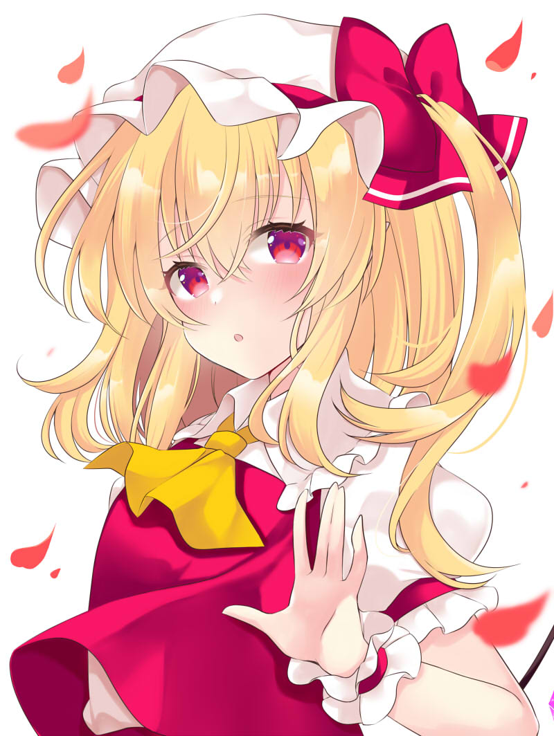 1girl bangs blonde_hair blush bow crystal flandre_scarlet hat hat_ribbon medium_hair mob_cap open_mouth petals red_eyes red_ribbon red_vest ribbon side_ponytail simple_background tosakaoil touhou vest white_background wings yellow_neckwear
