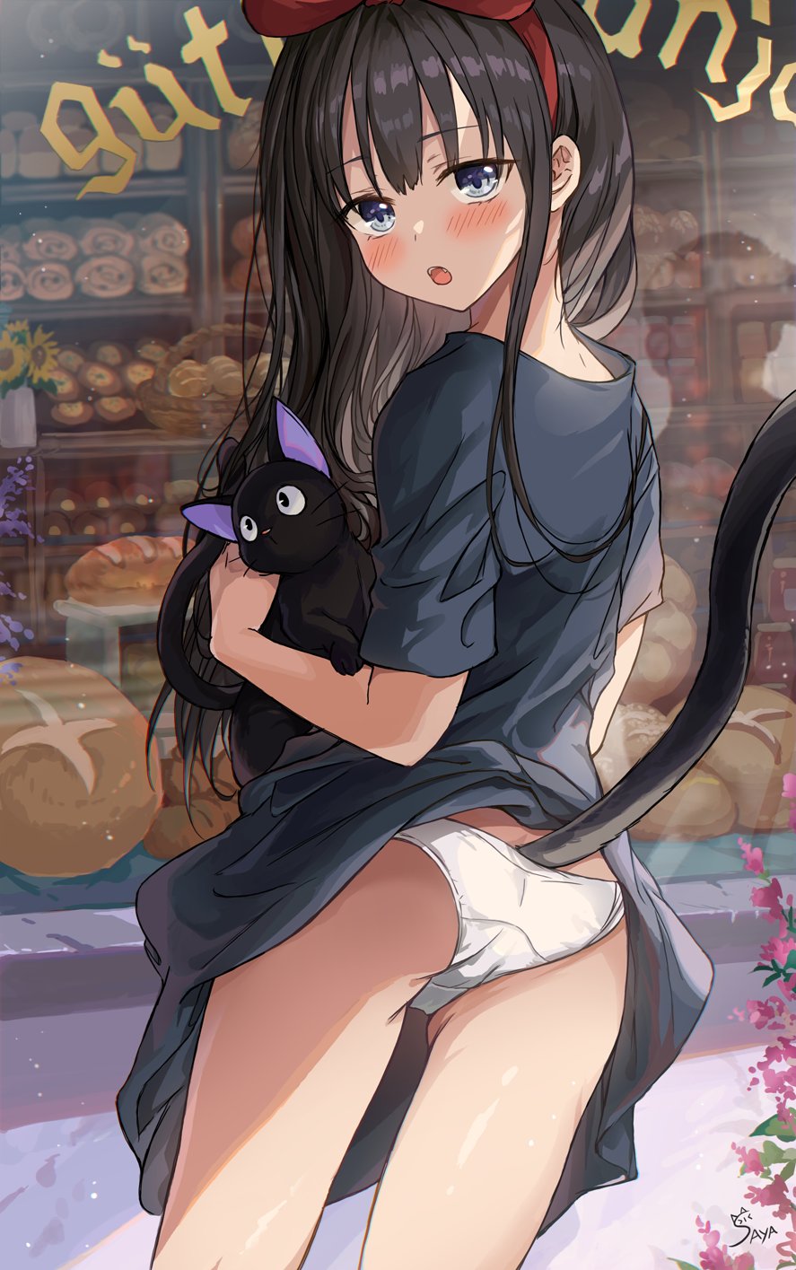 1girl :o animal bakery bangs basket black_hair blue_dress blue_eyes blush bread cat clothes_lift commentary_request cowboy_shot dress dress_lift eyebrows_visible_through_hair flower food from_behind hairband highres holding holding_animal holding_cat jiji_(majo_no_takkyuubin) kiki long_hair looking_at_viewer looking_back majo_no_takkyuubin outdoors panties pink_flower red_hairband saya_(mychristian2) shop short_sleeves signature solo standing storefront underwear white_panties