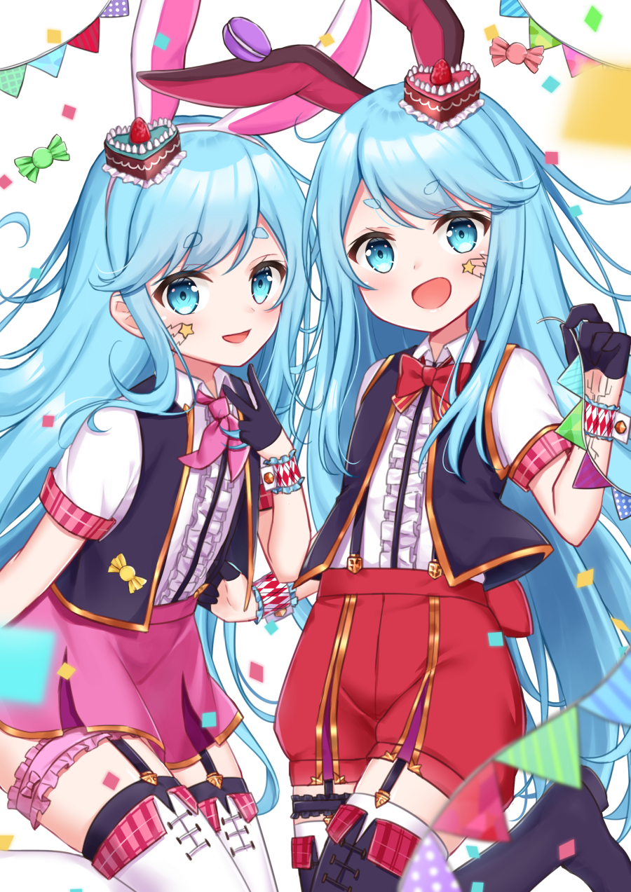 2girls animal_ears blue_eyes blue_hair eyebrows_visible_through_hair hair_ribbon highres kinakon long_hair looking_at_viewer multiple_girls near_(sound_voltex) noah_(sound_voltex) open_mouth rabbit_ears ribbon siblings sisters smile sound_voltex thick_eyebrows twins very_long_hair