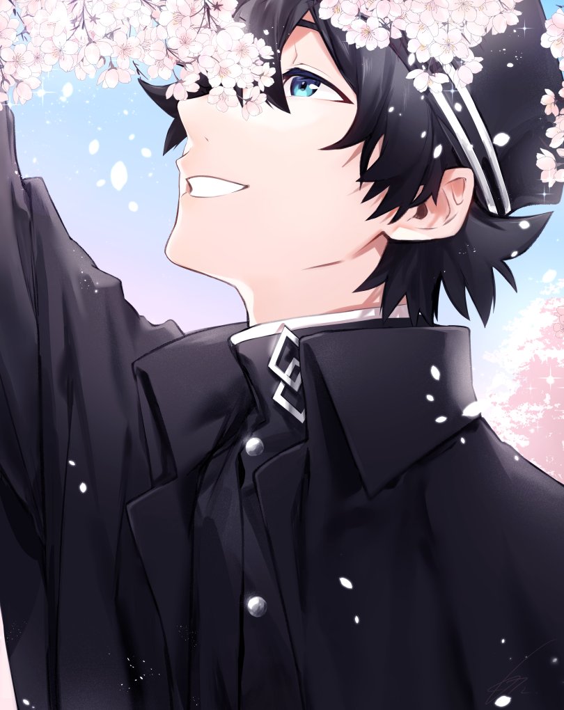 1boy alternate_costume arm_up bangs black_hair black_headwear black_jacket black_shirt blue_eyes cherry_blossoms commentary_request day fate/grand_order fate_(series) flower fujimaru_ritsuka_(male) haisato_(ddclown14) hat jacket japanese_clothes long_sleeves looking_up male_focus official_alternate_costume one_eye_covered open_clothes open_jacket open_mouth outdoors petals pink_flower shirt short_hair smile solo spring_(season) teeth