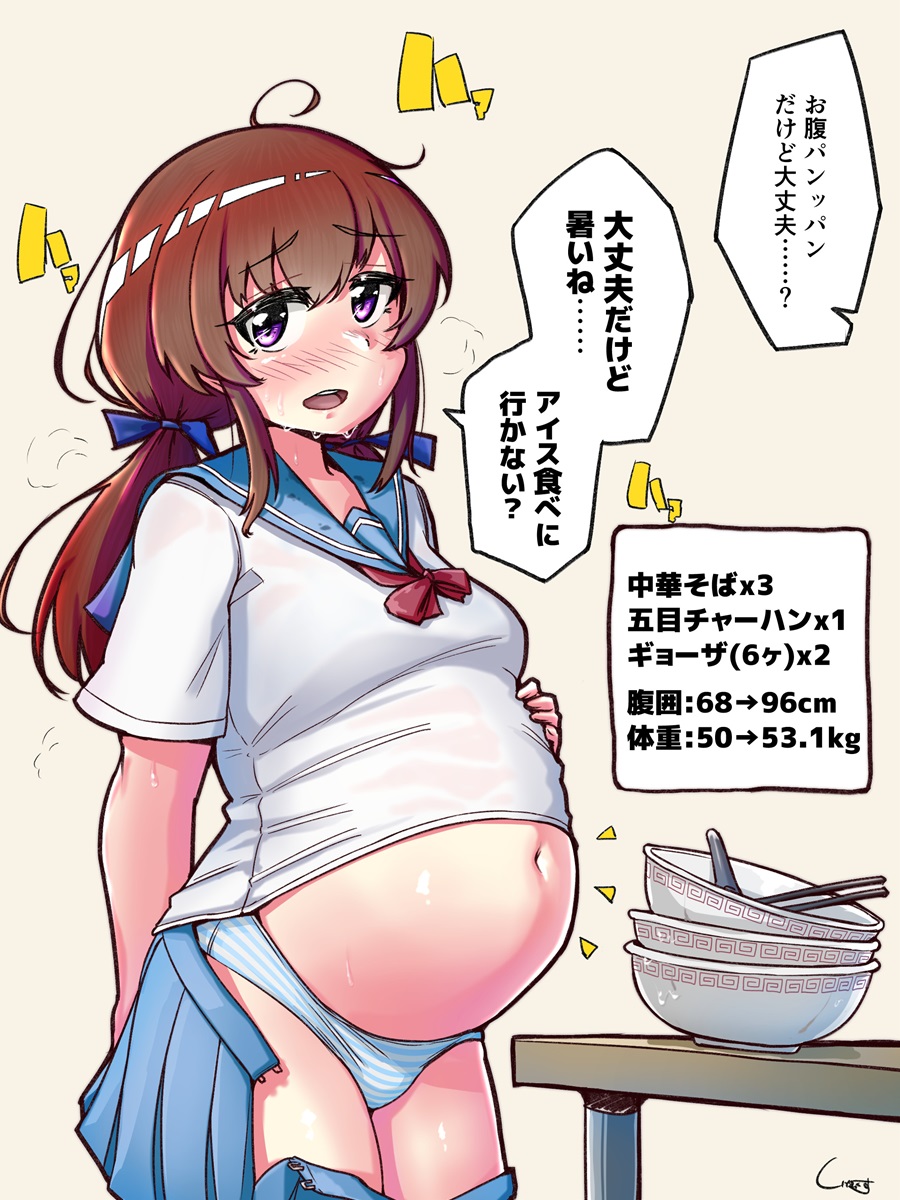 1girl =3 ahoge belly bloated blue_skirt bowl breasts brown_hair chopsticks clothes_pull cowboy_shot dishes furrowed_brow hand_on_own_stomach highres long_hair looking_at_viewer looking_to_the_side notice_lines open_mouth panties pleated_skirt school_uniform see-through_shirt serafuku shigekikkusu shiny shiny_hair shirt short_sleeves sidelocks signature skirt skirt_pull solo speech_bubble spoon striped striped_panties sweat table translation_request twintails unbuttoned_skirt underwear violet_eyes white_shirt