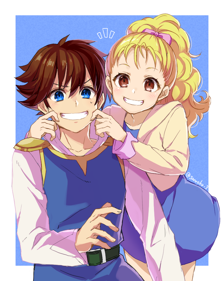 1boy 1girl belt blonde_hair blue_background blue_dress blue_eyes blue_tunic bow brown_eyes brown_hair butz_klauser dress final_fantasy final_fantasy_v forced_smile hair_between_eyes hair_bow hands_on_another's_cheeks hands_on_another's_face krile_mayer_baldesion long_hair long_sleeves ponytail sanroku_3 shirt short_bangs short_dress short_hair smile sweatdrop teeth upper_body wavy_hair white_shirt