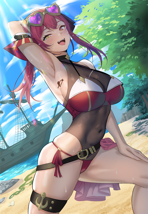 1girl :d adapted_costume anchor_symbol arm_behind_head armpits banned_artist blue_sky boat breasts clouds covered_navel day eyewear_on_head hand_on_own_thigh heart heart-shaped_eyewear heterochromia hololive houshou_marine kkamja large_breasts leg_garter looking_at_viewer one-piece_swimsuit open_mouth outdoors red_eyes redhead short_hair sky smile solo standing sunglasses sweat swimsuit tattoo thighs twintails upper_teeth virtual_youtuber watercraft yellow_eyes