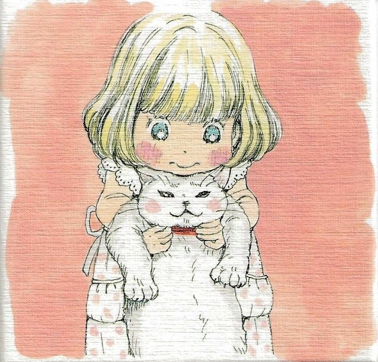 1girl animal animal_collar back_bow bangs beige_background blonde_hair blue_eyes blunt_bangs blush_stickers bob_cut border bow cat child closed_mouth collar dot_nose dress facing_viewer head_rest holding holding_animal holding_cat kawamoto_momo lace lace-trimmed_sleeves lace_trim looking_at_animal looking_down polka_dot polka_dot_dress red_collar sangatsu_no_lion short_hair simple_background solo umino_chika wavy_mouth white_border white_bow white_dress