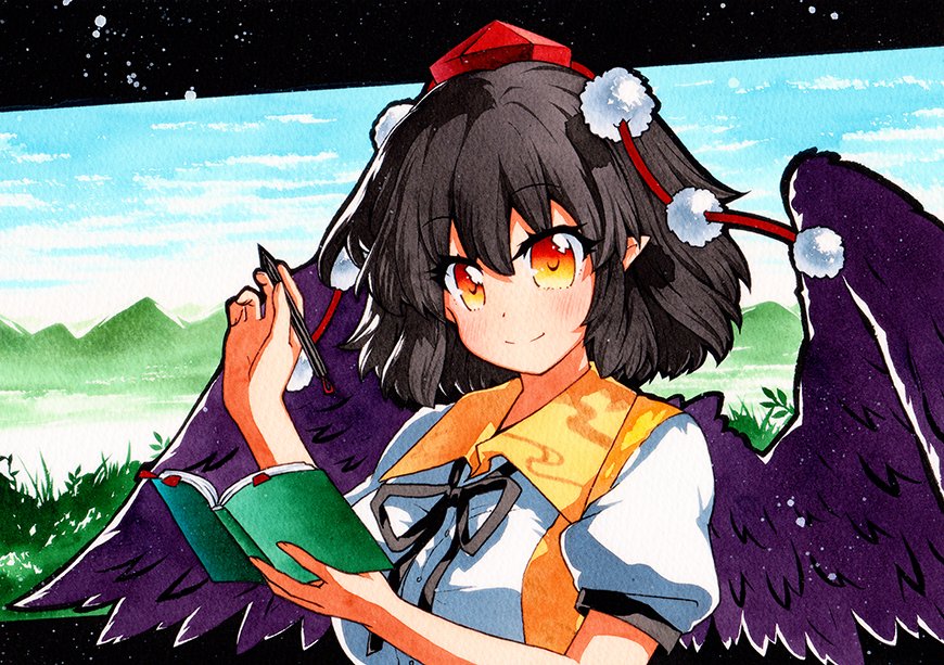 1girl bangs bird_wings black_hair black_neckwear black_ribbon black_wings blue_sky book closed_mouth collared_shirt grass hat holding holding_book holding_pen looking_at_viewer mountain neck_ribbon orange_eyes outdoors pen pointy_ears pom_pom_(clothes) puffy_short_sleeves puffy_sleeves qqqrinkappp red_headwear ribbon shameimaru_aya shirt short_hair short_sleeves sky smile solo tokin_hat touhou traditional_media upper_body white_shirt wings