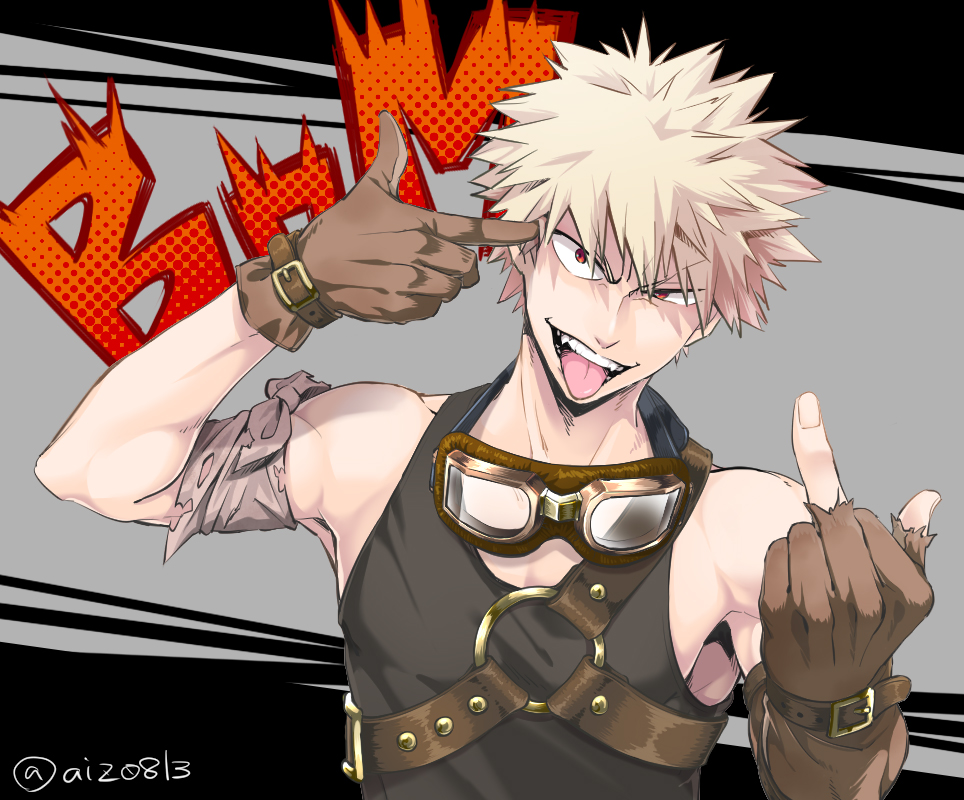 1boy bakugou_katsuki bangs bare_shoulders belt black_background blonde_hair boku_no_hero_academia brown_belt brown_gloves collarbone commentary_request eyebrows_visible_through_hair fangs finger_gun finger_gun_to_head gloves goggles goggles_on_head grey_background hand_up jewelry looking_at_viewer male_focus middle_finger necklace o-ring open_mouth red_eyes sleeveless smile solo spiky_hair tongue tongue_out tonomayo twitter_username upper_body upper_teeth