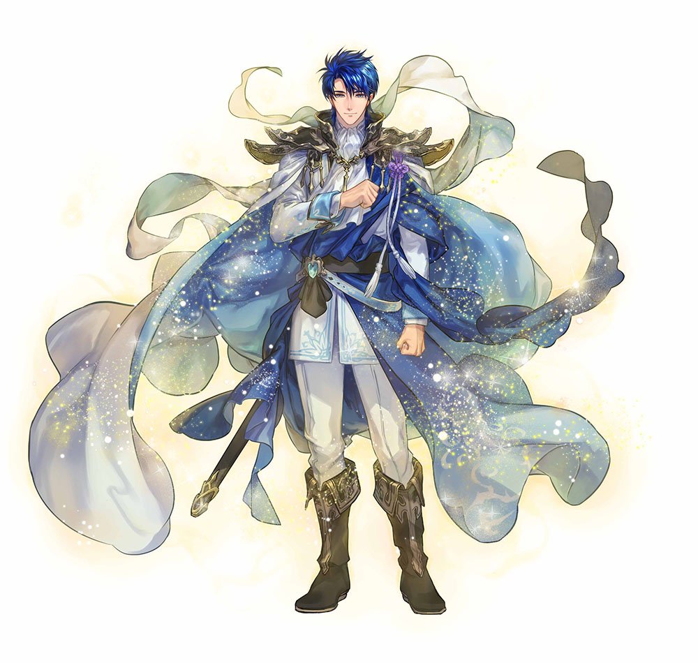 1boy armor bangs belt blue_eyes blue_hair boots cape collar cravat fire_emblem fire_emblem:_genealogy_of_the_holy_war fire_emblem_heroes full_body long_sleeves male_focus official_art sheath shiny short_hair shoulder_armor sigurd_(fire_emblem) solo suzuki_rika