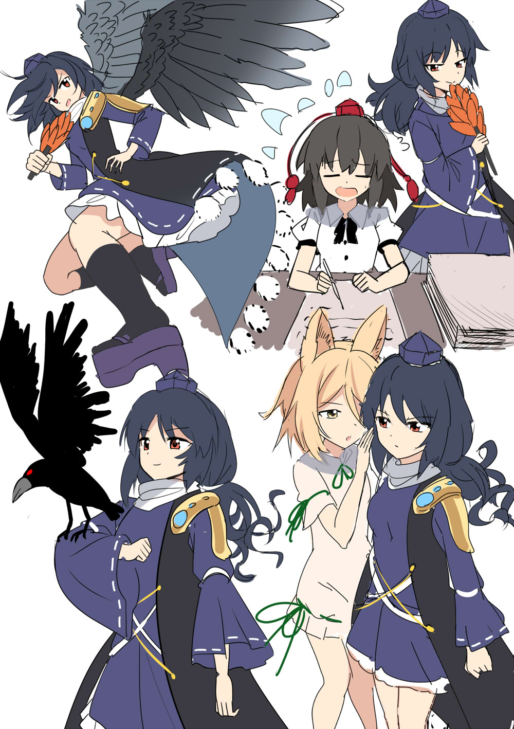 3girls animal_ears bird bird_wings black_hair black_wings blonde_hair blue_headwear crow e.o. fan fox_ears hat highres holding holding_fan holding_pen iizunamaru_megumu jumpsuit kudamaki_tsukasa long_sleeves looking_at_another multiple_girls open_mouth pen red_eyes red_headwear romper shameimaru_aya sketch smile solo_focus tokin_hat touhou white_jumpsuit wide_sleeves wings