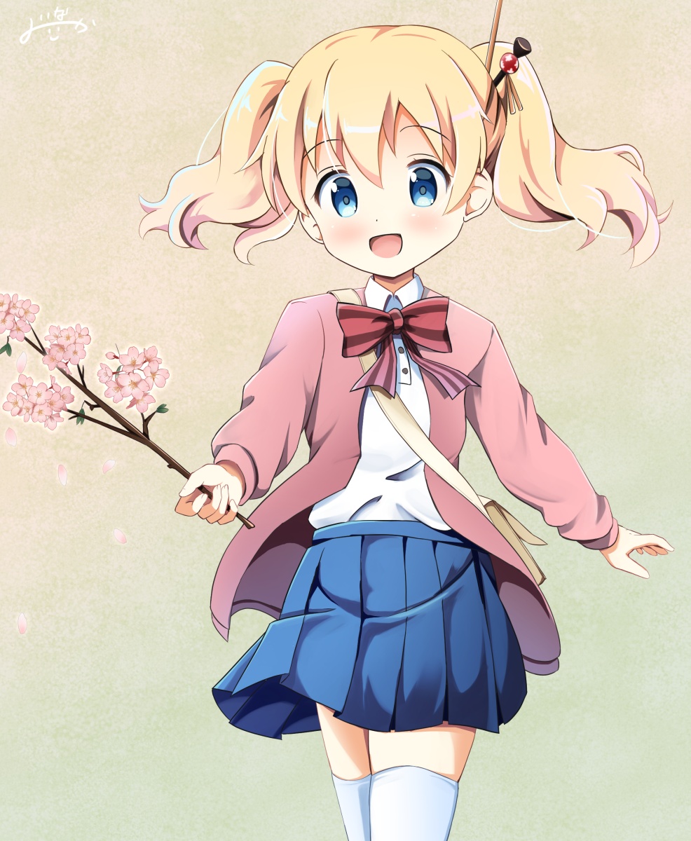 1girl :d alice_cartelet bag bangs blonde_hair blue_eyes blue_skirt bow bowtie branch cardigan collared_shirt commentary_request cowboy_shot eyebrows_visible_through_hair flower hair_ornament hair_stick happy highres holding holding_branch inakami kin-iro_mosaic light_blush long_sleeves looking_at_viewer open_cardigan open_clothes open_mouth pink_cardigan pink_flower pleated_skirt red_bow red_neckwear school_uniform shirt shirt_tucked_in short_hair shoulder_bag signature simple_background skirt smile solo standing striped striped_bow striped_neckwear thigh-highs twintails white_legwear white_shirt