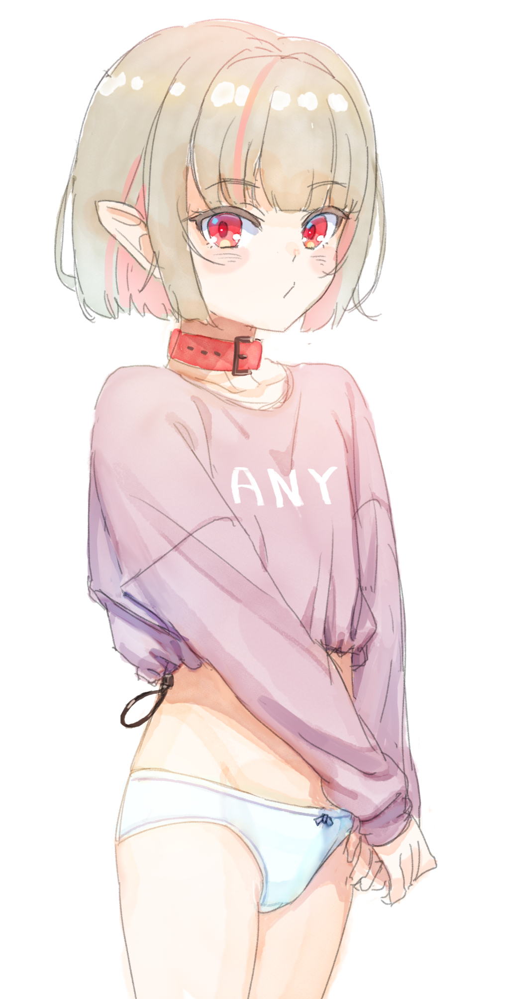 1girl blush_stickers bow bow_panties child clothes_writing collar cowboy_shot crop_top eyebrows_visible_through_hair grey_hair highres long_sleeves looking_at_viewer makaino_ririmu multicolored_hair nijisanji own_hands_together panties pink_hair pointy_ears red_collar red_eyes sabamen short_hair simple_background sketch solo streaked_hair two-tone_hair underwear virtual_youtuber white_background