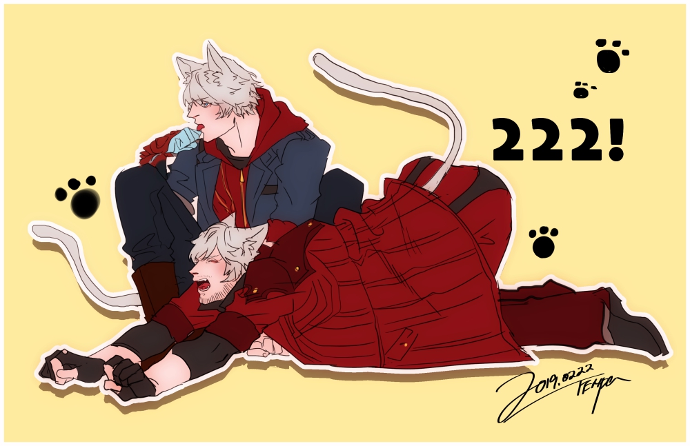 2boys animal_ear_fluff animal_ears arm_support artist_name black_gloves black_shirt blue_eyes cat_day cat_ears cat_tail closed_eyes closed_mouth coat dante_(devil_may_cry) dated devil_bringer devil_may_cry_(series) devil_may_cry_4 dmc_pa facial_hair fangs fingerless_gloves full_body gloves kemonomimi_mode licking lying male_focus multiple_boys nero_(devil_may_cry) on_stomach open_mouth partially_fingerless_gloves paw_print shirt short_hair signature simple_background sitting sleeves_rolled_up stretch tail tongue white_hair yellow_background zipper_pull_tab