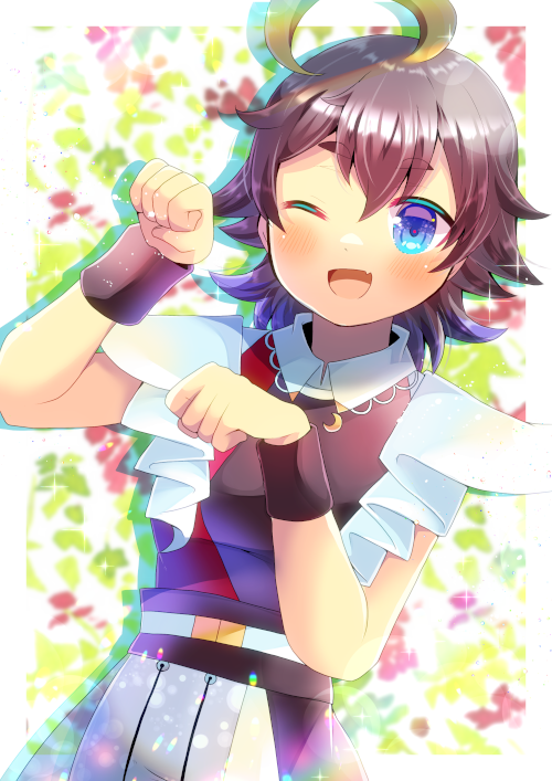 1girl ;d ahoge bangs black_hair black_shirt black_shorts blue_eyes blurry blurry_background blush character_request commentary_request depth_of_field eyebrows_visible_through_hair fang hair_between_eyes hands_up indie_virtual_youtuber kou_hiyoyo looking_at_viewer one_eye_closed open_mouth paw_pose shirt short_eyebrows shorts smile solo sparkle sweatband thick_eyebrows wristband