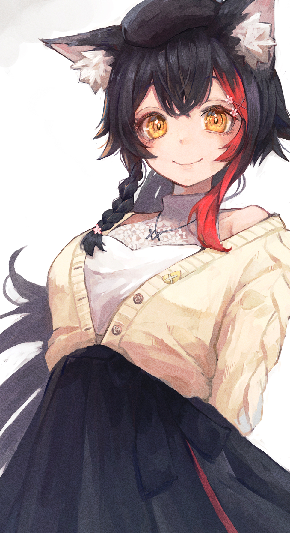 1girl animal_ear_fluff animal_ears beret black_hair black_headwear black_skirt braid closed_mouth commentary_request hat highres hololive jewelry multicolored_hair necklace nyucha ookami_mio redhead short_hair single_braid skirt smile solo streaked_hair virtual_youtuber wolf_ears yellow_eyes