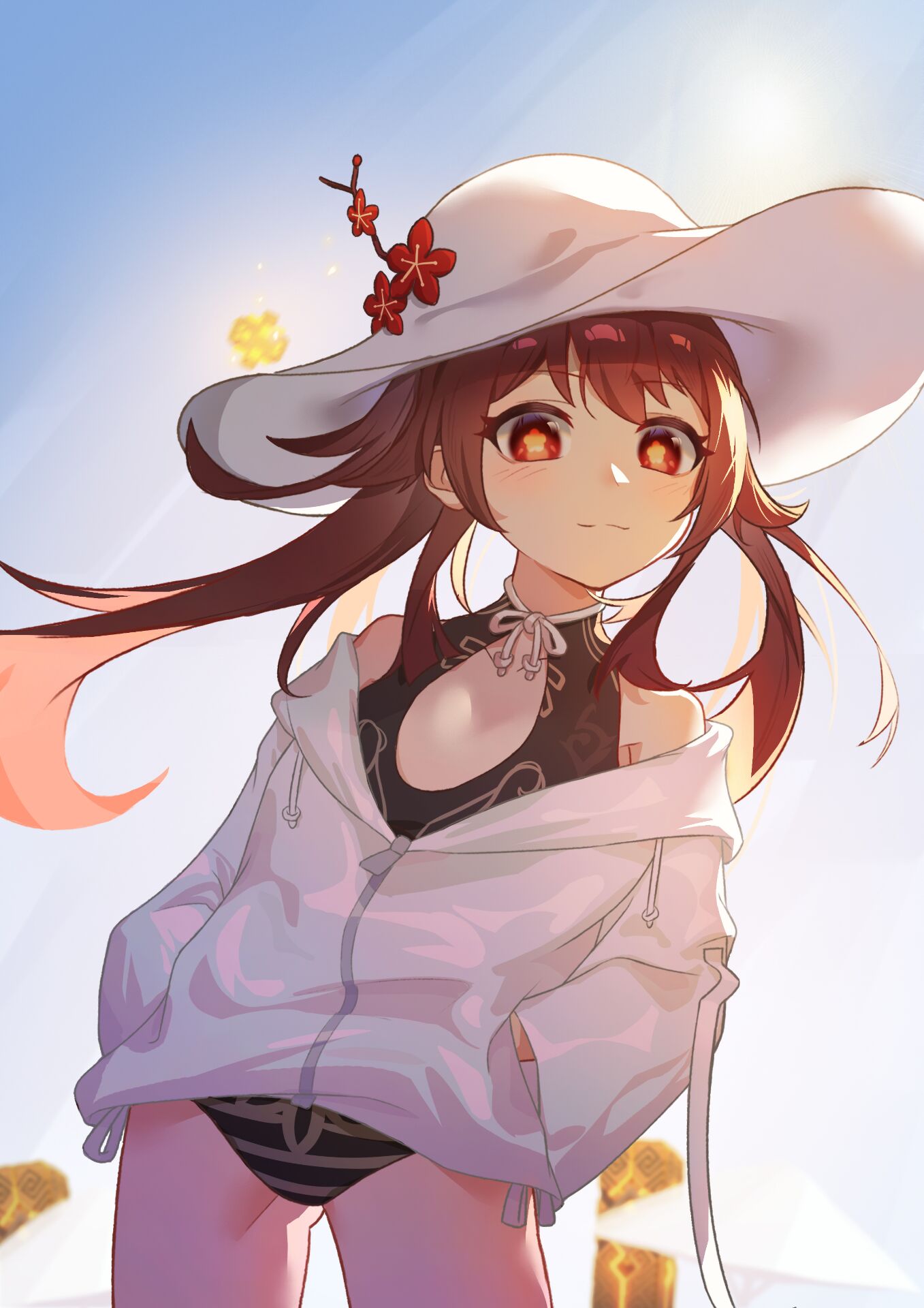 1girl alternate_costume bangs black_swimsuit blurry bow bowtie brown_hair collarbone commentary_request depth_of_field eyebrows_visible_through_hair flat_chest flower genshin_impact hair_between_eyes hands_in_pockets hat hat_flower hat_ornament highres hood hooded_jacket hu_tao_(genshin_impact) jacket long_hair looking_at_viewer meteor pillar red_eyes sidelocks smile solo sun_hat swimsuit symbol-shaped_pupils weird_did_you_paint_today? white_headwear white_jacket wind