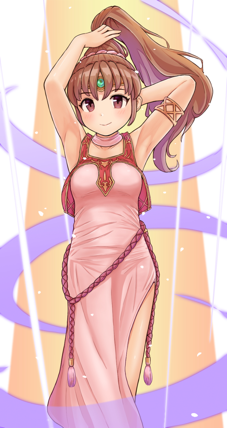 1girl armlet armpits bare_shoulders blush brown_eyes brown_hair circlet dress fire_emblem fire_emblem:_mystery_of_the_emblem highres kutabireta_neko linde_(fire_emblem) long_hair pink_dress ponytail