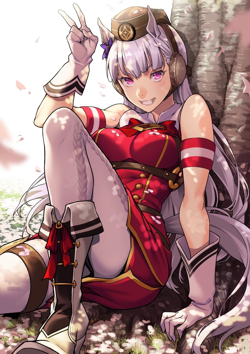 1girl animal_ears arm_support armband bangs bare_shoulders blunt_bangs boots bow bowtie breasts brown_headwear commentary_request dress ear_bow ear_covers flower foot_out_of_frame footwear_ribbon gloves gold_ship_(umamusume) grey_hair grin high_heel_boots high_heels horse_ears horse_girl horse_tail long_hair looking_at_viewer pantyhose petals pillbox_hat pink_eyes red_dress saeki_shun sitting sleeveless sleeveless_dress smile solo strap sunlight tail tree umamusume v white_gloves white_legwear