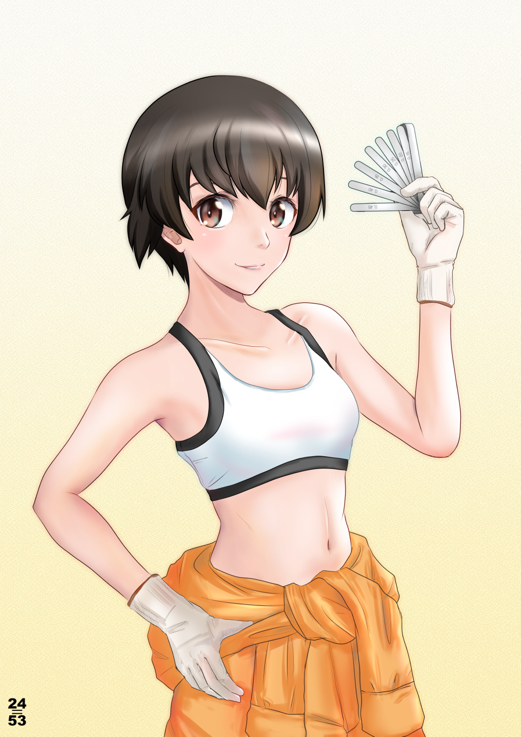 1girl artist_name bangs brown_eyes brown_hair closed_mouth clothes_around_waist commentary girls_und_panzer gloves hand_on_hip highres holding jumpsuit jumpsuit_pull looking_at_viewer mechanic nakajima_(girls_und_panzer) navel nishi_itsumi orange_jumpsuit short_hair signature smile solo sports_bra standing tools uniform white_gloves white_sports_bra yellow_background