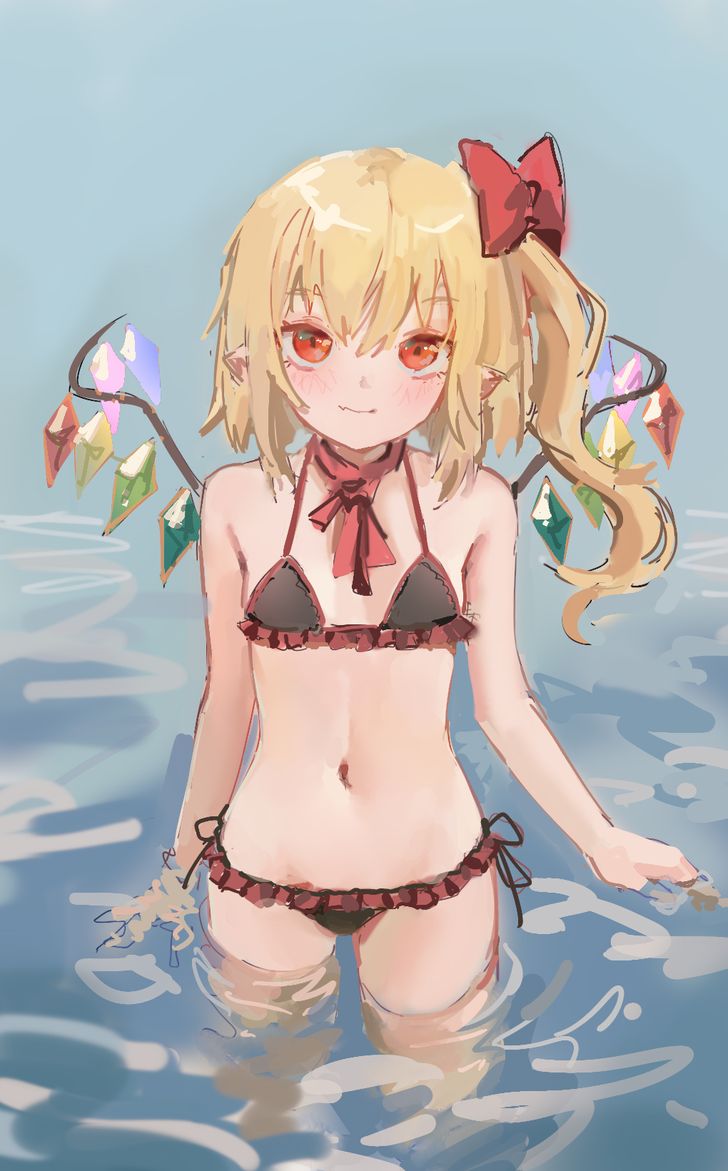 1girl bangs bare_shoulders bikini blue_background blush bow breasts caustics cowboy_shot crystal eyebrows_visible_through_hair fang flandre_scarlet hair_between_eyes hair_bow highres light_smile looking_at_viewer medium_hair navel no_hat no_headwear one_side_up pointy_ears red_bow red_eyes red_neckwear reddizen simple_background skin_fang small_breasts solo swimsuit touhou wading wings