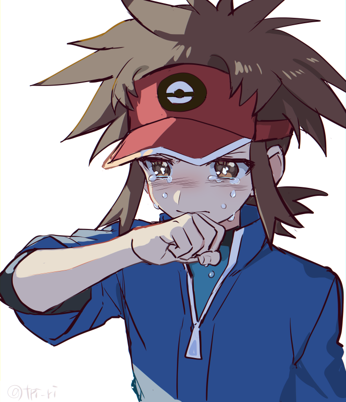 1boy blue_jacket blush bodysuit bodysuit_under_clothes brown_eyes brown_hair clenched_hand closed_mouth crying hand_up jacket male_focus nate_(pokemon) poke_ball_print pokemon pokemon_(game) pokemon_bw2 red_headwear short_sleeves simple_background solo symbol_commentary tears tpi_ri upper_body visor_cap white_background zipper_pull_tab