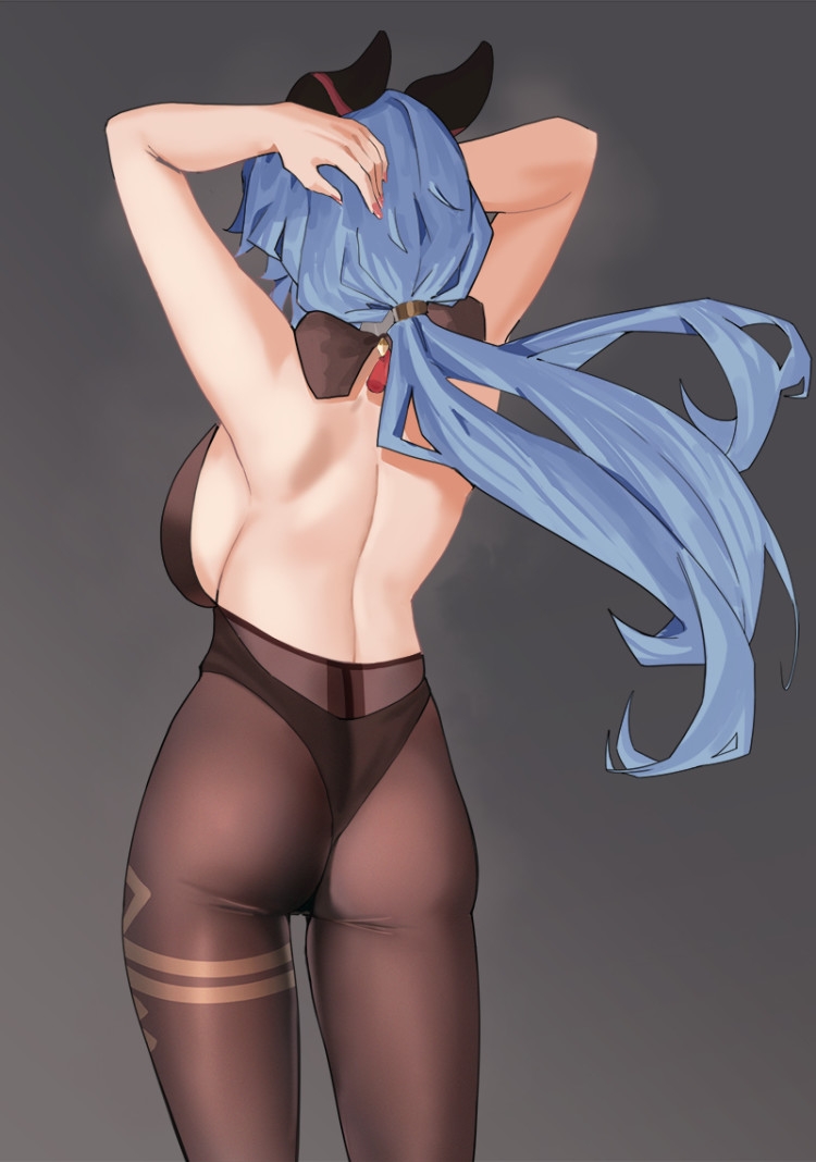 1girl arms_up ass back backboob backless_outfit black_bow black_legwear black_leotard bow breasts commentary cowboy_shot facing_away from_behind ganyu_(genshin_impact) genshin_impact goat_horns grey_background hair_bow horns large_breasts leotard light_blue_hair long_hair pantyhose ponytail simple_background skin_tight solo wedgie xmyxi