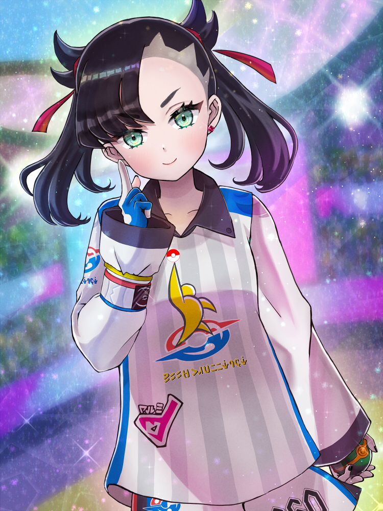 &gt;:) 1girl asymmetrical_bangs ball bangs black_hair closed_mouth collarbone collared_shirt dusk_ball dynamax_band earrings eyebrows_visible_through_hair fingerless_gloves gloves green_eyes gym_challenge_uniform gym_uniform hair_ribbon hand_up holding holding_ball holding_poke_ball jersey jewelry light_blush marnie_(pokemon) medium_hair multicolored multicolored_background number pointing pointing_up poke_ball pokemon pokemon_(game) pokemon_swsh red_ribbon ribbon setta_shu shirt single_glove smile solo_focus sportswear stadium striped striped_shirt twintails two_side_up v-shaped_eyebrows vertical-striped_shirt vertical_stripes