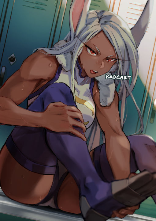 1girl animal_ears artist_name biceps boku_no_hero_academia bunny_tail dark-skinned_female dark_skin highleg highleg_leotard kadeart leotard locker locker_room long_eyelashes long_hair mirko muscular muscular_female rabbit_ears rabbit_girl red_eyes superhero sweat tail taut_leotard thick_thighs thighs toned white_hair white_leotard