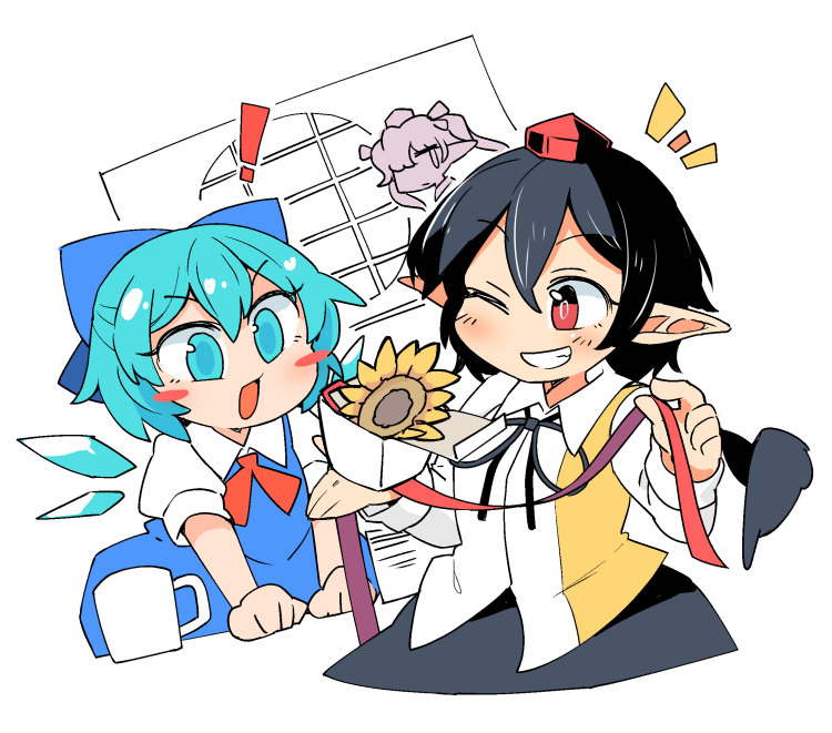 ! 3girls aqua_eyes aqua_hair black_hair black_neckwear black_skirt black_wings blue_bow blue_dress blush_stickers bow box chibi cirno coffee_mug cup detached_wings dress flower grin hair_bow hat himekaidou_hatate holding holding_box ice ice_wings ini_(inunabe00) long_sleeves mug multiple_girls neck_ribbon one_eye_closed open_mouth pointy_ears red_eyes red_headwear red_neckwear ribbon shameimaru_aya shirt short_hair short_sleeves skirt smile sunflower tokin_hat touhou upper_body white_background white_shirt wings