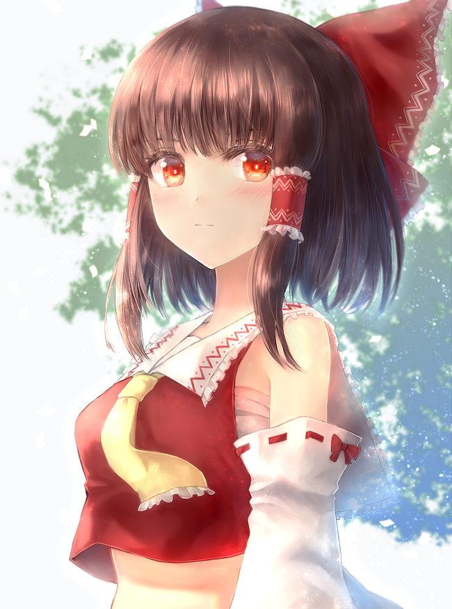 1girl ascot bangs bare_shoulders bloom blunt_bangs blush bow breasts bright_pupils brown_hair closed_mouth detached_sleeves expressionless eyebrows_behind_hair frilled_hair_tubes frilled_shirt_collar frills hair_bow hair_tubes hakurei_reimu long_sleeves looking_at_viewer medium_breasts medium_hair midriff notofuku red_bow red_eyes red_vest sarashi simple_background solo touhou upper_body vest yellow_neckwear