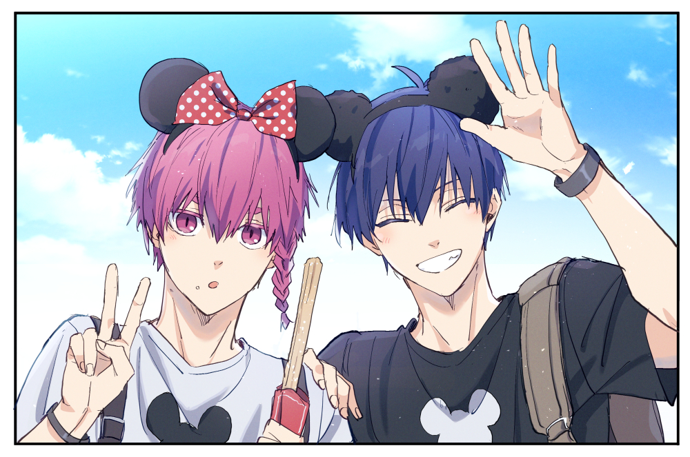 2boys :o aotsuki_ren bag blue_hair blue_lock braid churro clouds commentary_request facing_viewer fingernails food grin hair_between_eyes hand_on_another's_shoulder holding holding_food isagi_yoichi kurona_ranze looking_at_viewer male_focus mickey_mouse_ears minnie_mouse_ears multiple_boys open_mouth outdoors outstretched_hand purple_hair shirt short_hair short_sleeves smile t-shirt teeth upper_body v violet_eyes watch watch