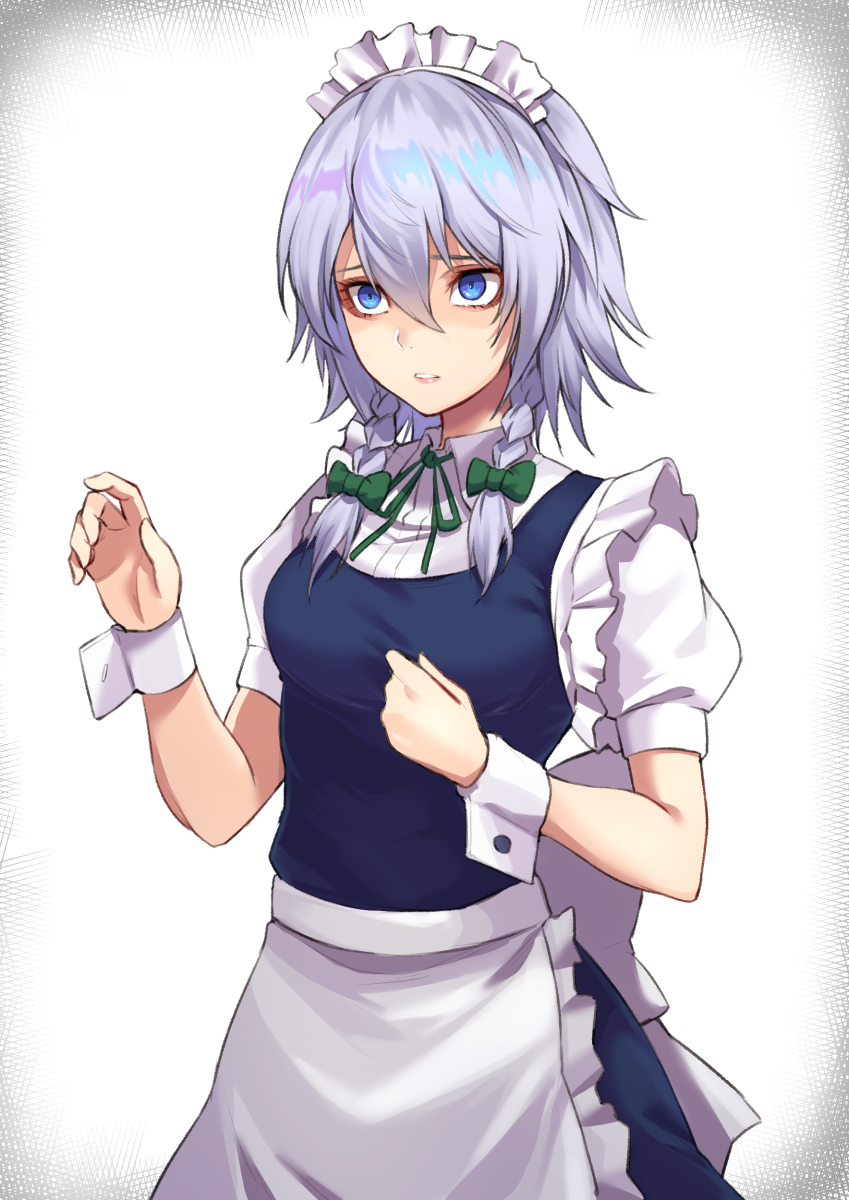 1girl hands_up highres izayoi_sakuya looking_to_the_side short_hair solo teeth touhou