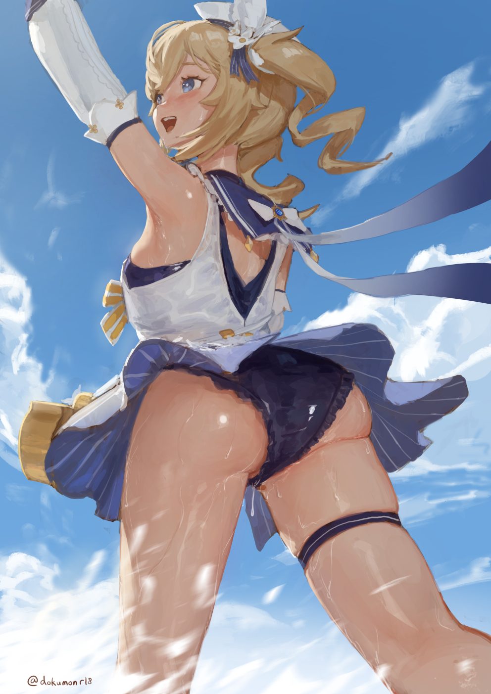 1girl :d arm_up ass bangs barbara_(genshin_impact) barbara_(summertime_sparkle)_(genshin_impact) bare_shoulders black_swimsuit blonde_hair blue_eyes blue_sky blush breasts casual_one-piece_swimsuit day detached_sleeves frilled_swimsuit frills from_behind from_below genshin_impact hat highres long_hair long_sleeves looking_to_the_side official_alternate_costume one-piece_swimsuit open_mouth outdoors running skindentation sky smile solo swimsuit thighs twitter_username water wet wet_clothes white_headwear zeradok