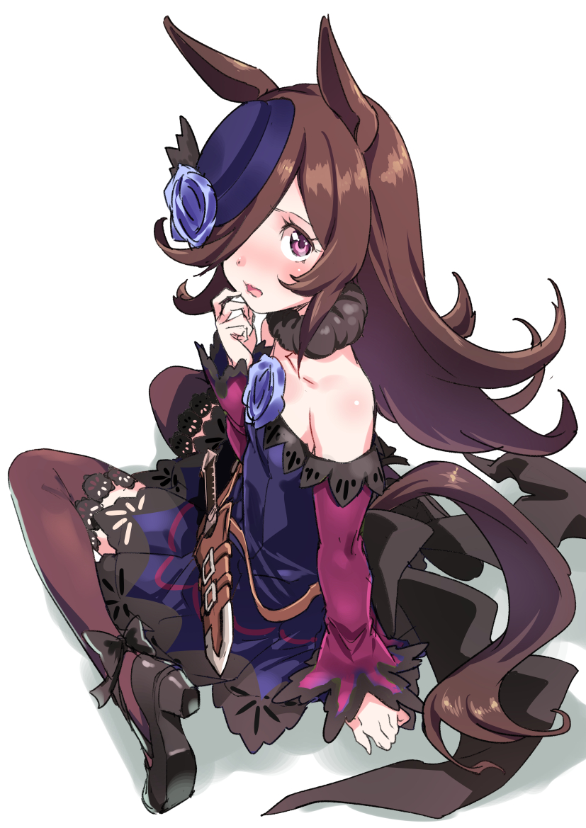 1girl animal_ears ankle_bow bare_shoulders blue_flower blue_headwear blue_rose blush bow brown_hair commentary dagger dress flower full_body hair_over_one_eye hat hat_flower high_heels horse_ears horse_girl horse_tail knife lace-trimmed_legwear lace_trim long_hair looking_at_viewer pink_eyes rice_shower_(umamusume) rose saeki_shun simple_background sitting sketch solo strapless strapless_dress tail thigh-highs tilted_headwear umamusume wariza wavy_mouth weapon white_background