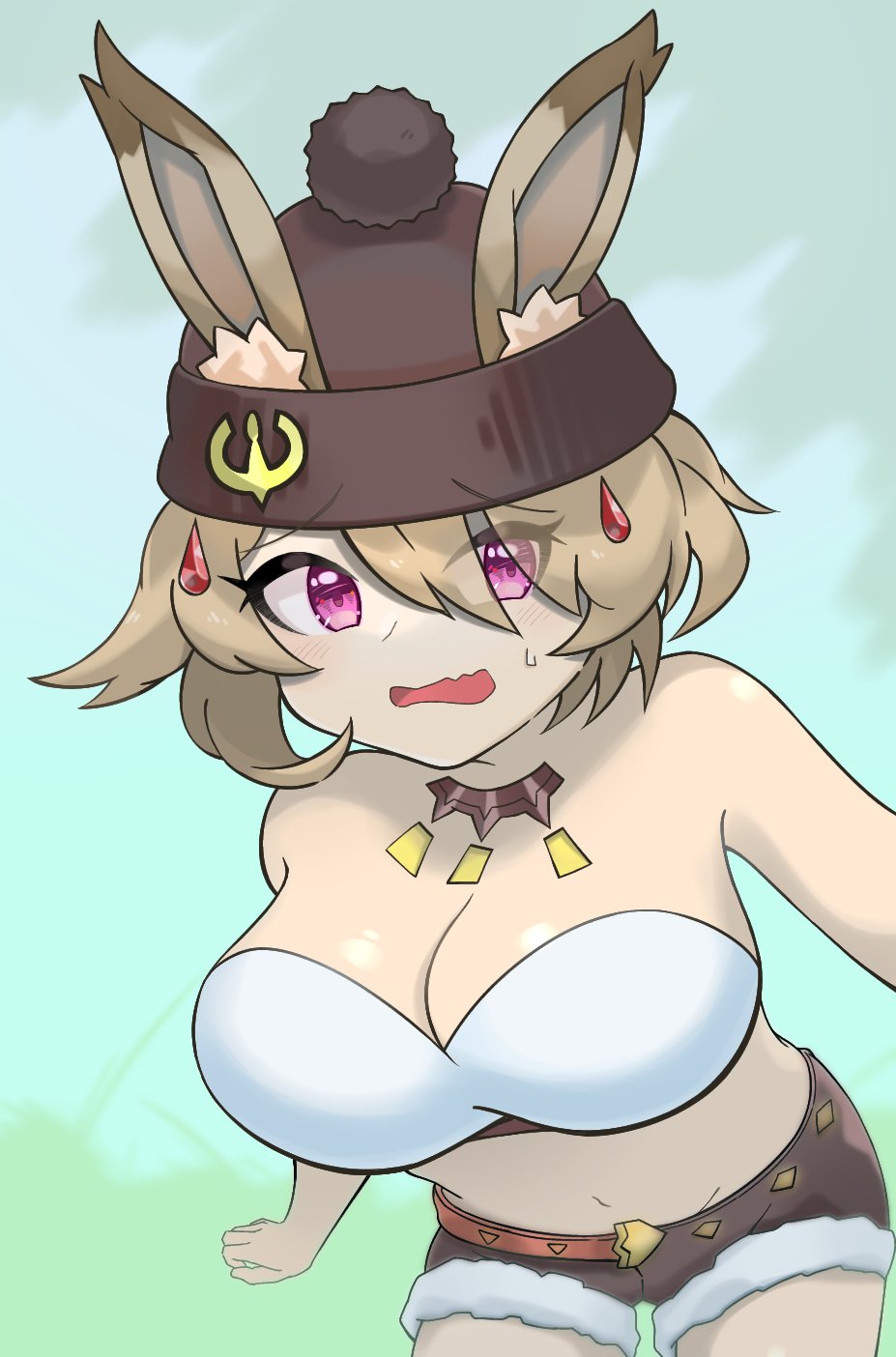 1girl alternate_costume althemia animal_ears bangs blonde_hair breasts dragalia_lost eyebrows_visible_through_hair highres large_breasts looking_at_viewer open_mouth rabbit_ears red_eyes short_hair shorts tekutekudays