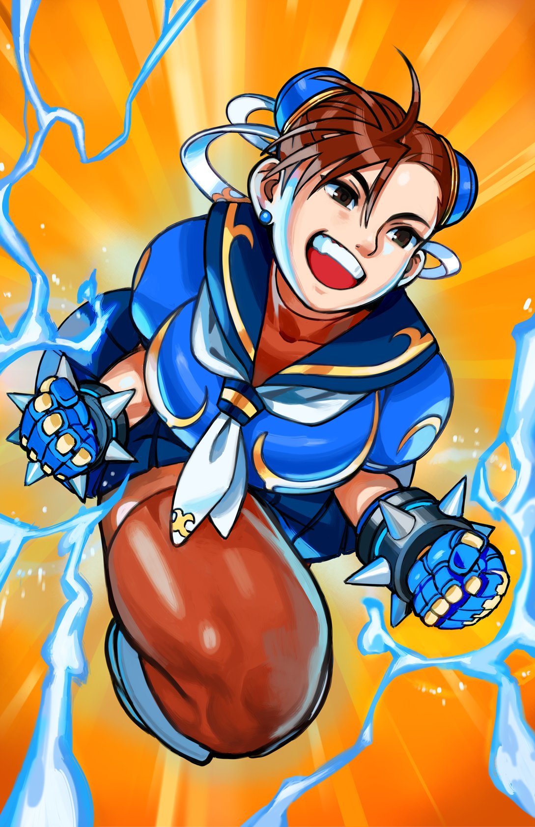 1girl adapted_costume alternate_legwear blue_gloves blue_sailor_collar blue_skirt blue_theme bracelet breasts brown_eyes brown_hair brown_legwear bun_cover chun-li clenched_hands double_bun earrings electricity emphasis_lines english_commentary gloves hair_ribbon highres jewelry john_crayton large_breasts orange_background pleated_skirt ribbon sailor_collar school_uniform serafuku shouting skirt solo spiked_bracelet spikes street_fighter thick_thighs thigh-highs thighs upper_teeth white_footwear zettai_ryouiki