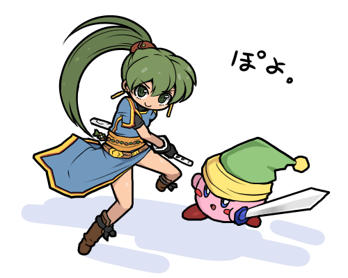 1girl blue_dress blue_eyes boots dress fire_emblem fire_emblem:_the_blazing_blade green_eyes green_hair green_headwear kara_age katana kirby kirby_(series) looking_at_viewer lowres lyn_(fire_emblem) ponytail pose rope_belt sword weapon