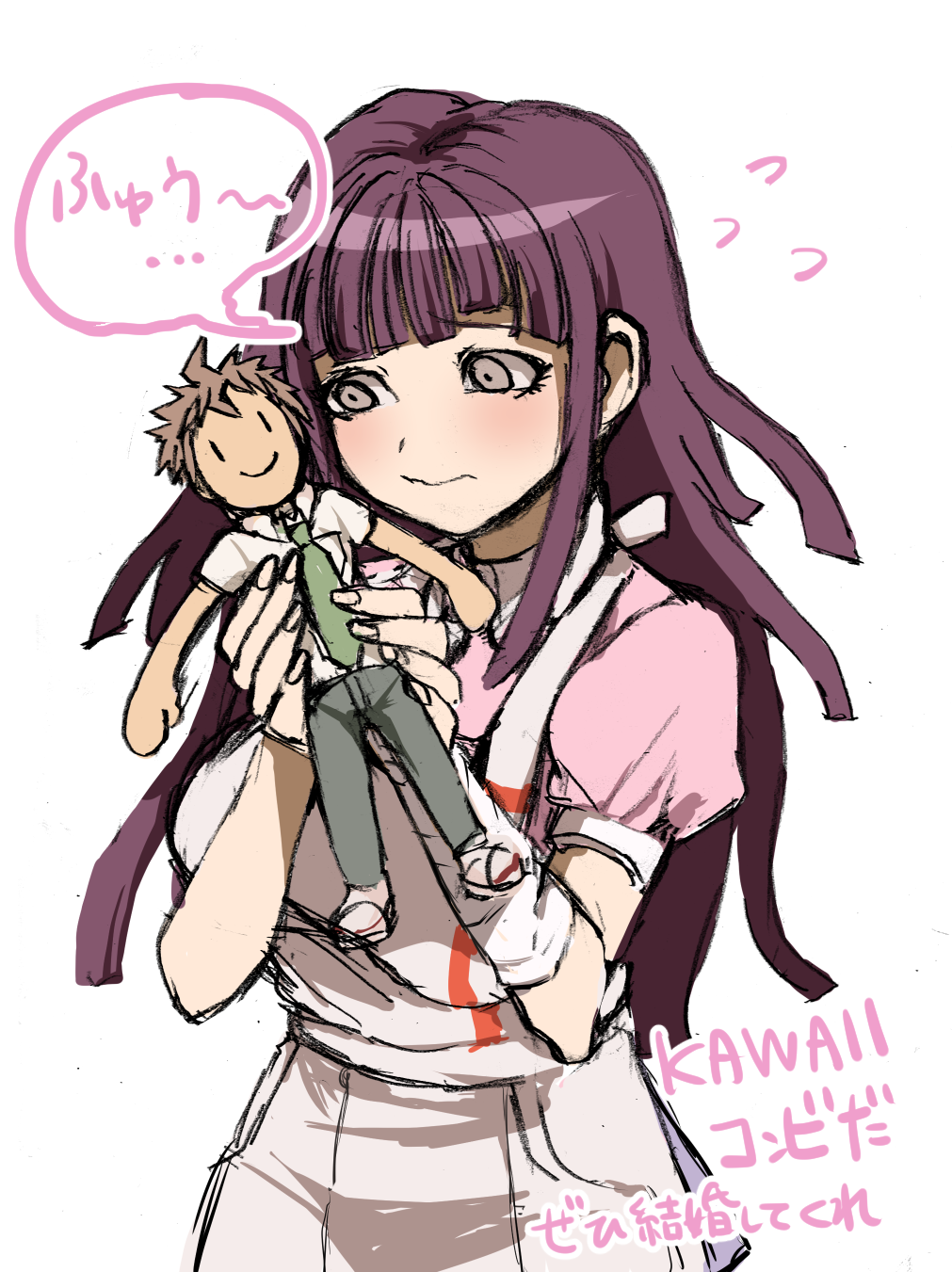 1girl apron bangs blunt_bangs blush breasts character_doll commentary_request cowboy_shot dangan_ronpa_(series) dangan_ronpa_2:_goodbye_despair doll flying_sweatdrops gloves hands_up highres hinata_hajime holding holding_doll long_hair looking_at_object medium_breasts meme_rawness necktie puffy_short_sleeves puffy_sleeves purple_hair short_sleeves simple_background smile solo speech_bubble translation_request tsumiki_mikan violet_eyes wavy_mouth white_apron white_background