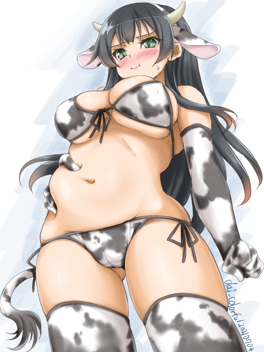 1girl :t agano_(kancolle) akimoto_dai animal_ears animal_print bikini black_hair blush breasts commentary_request cow_ears cow_horns cow_print cow_tail dated fake_animal_ears fake_horns from_below front-tie_top green_eyes highres horns kantai_collection large_breasts long_hair nose_blush one-hour_drawing_challenge pout side-tie_bikini solo standing swimsuit tail thigh-highs twitter_username white_background white_bikini white_legwear