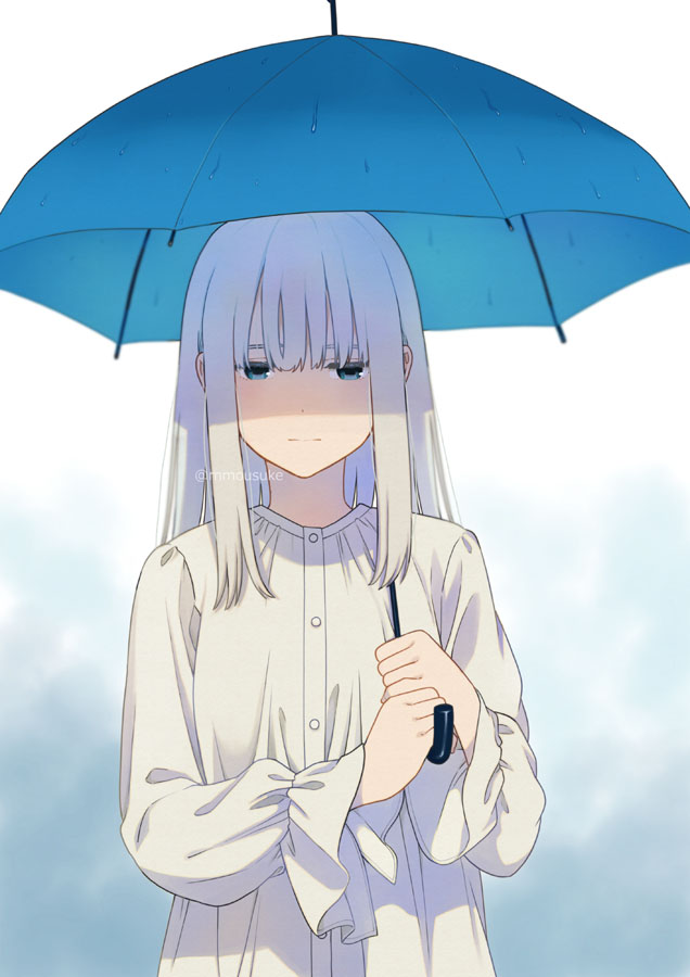 1girl blue_eyes holding holding_umbrella long_hair mattaku_mousuke original shaded_face simple_background solo umbrella upper_body watermark wet white_hair