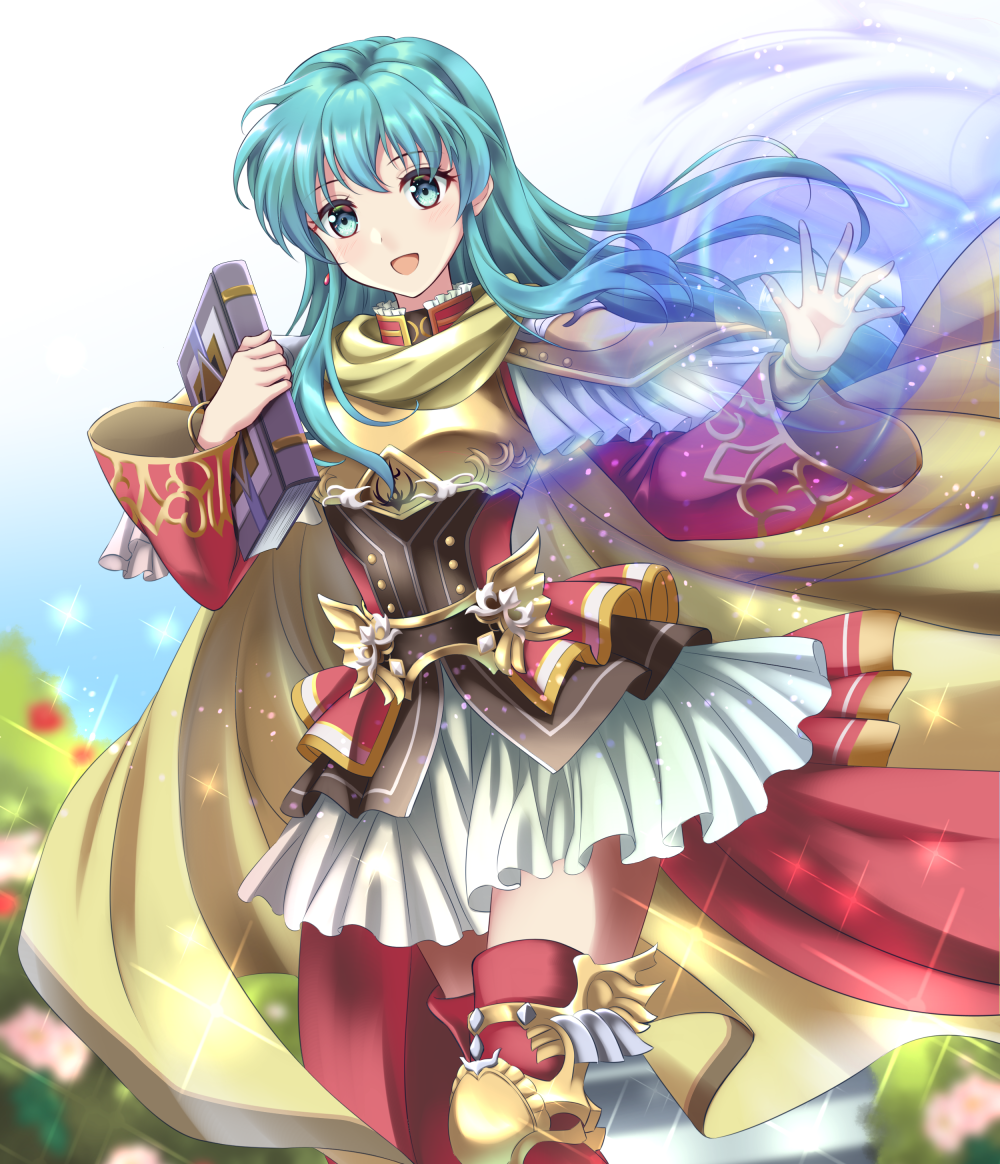 1girl armor bangs blue_eyes blue_hair book bracelet breastplate cute earrings eirika eirika_(fire_emblem) fire_emblem fire_emblem:_seima_no_kouseki fire_emblem:_the_sacred_stones fire_emblem_8 gold_armor gold_cape intelligent_systems jewelry kakiko210 long_hair looking_at_viewer moe nintendo open_mouth red_legwear red_sleeves shoulder_armor skirt smile white_skirt