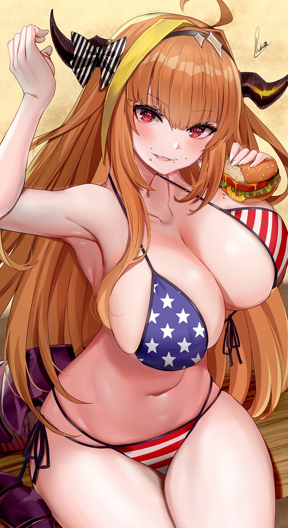 1girl ahoge american_flag_bikini armpits bikini breasts burger collarbone commentary dragon_girl dragon_horns dragon_tail english_commentary fang flag_print food food_on_face hand_up highres holding holding_food hololive horns kiryu_coco large_breasts long_hair looking_at_viewer navel orange_hair piukute062 red_eyes side-tie_bikini signature sitting skin_fang solo striped striped_bikini swimsuit tail thighs virtual_youtuber yellow_background