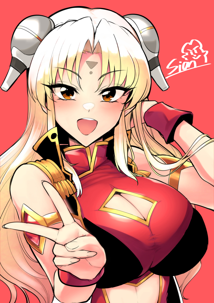 1girl artist_name blonde_hair breasts brown_eyes china_dress chinese_clothes cleavage_cutout clothing_cutout dress facial_mark forehead_mark galaxy_angel hair_ornament large_breasts long_hair looking_at_viewer ranpha_franboise red_background red_dress sian simple_background solo upper_body v