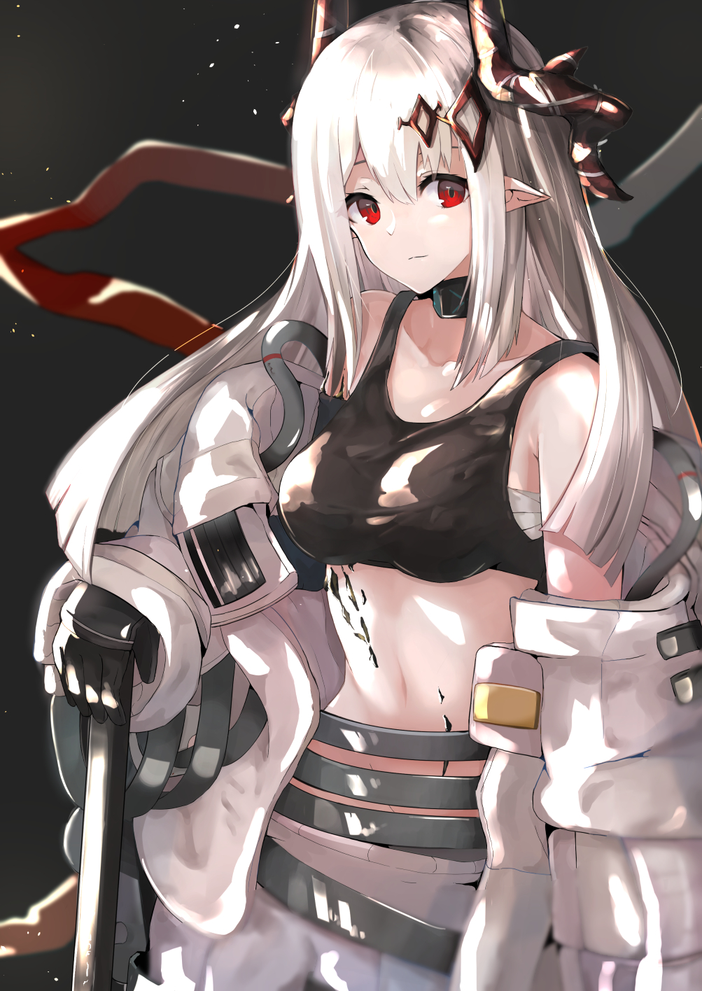 1girl akasabi arknights bangs bare_shoulders black_background black_choker black_gloves breasts choker commentary_request cowboy_shot crop_top gloves highres horns infection_monitor_(arknights) large_breasts long_hair looking_at_viewer midriff mudrock_(arknights) navel off_shoulder open_clothes partial_commentary pointy_ears red_eyes sarashi silver_hair solo sports_bra standing stomach