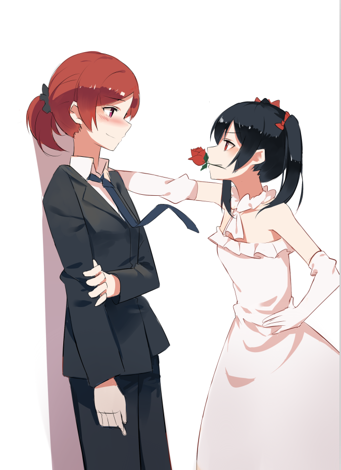 2girls black_hair blush closed_mouth eyebrows_visible_through_hair flower_in_mouth hand_on_hip hand_on_own_arm holding_own_arm huanxiang_heitu love_live! love_live!_school_idol_project multiple_girls necktie nishikino_maki red_eyes redhead shadow short_ponytail split_mouth twintails violet_eyes wall_slam white_background yazawa_nico yuri