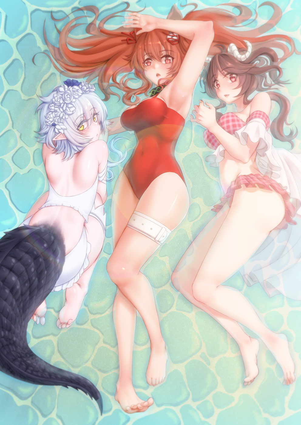 3girls angelina_(arknights) angelina_(summer_flowers)_(arknights) animal_ears arknights arm_up armpits ass bangs bare_arms bare_back bare_legs bare_shoulders barefoot bikini bikini_skirt breasts brown_eyes brown_hair commentary_request covered_navel crocodilian_tail eyebrows_visible_through_hair eyjafjalla_(arknights) eyjafjalla_(summer_flowers)_(arknights) flower fox_ears hair_flower hair_ornament highres horns large_breasts large_tail multiple_girls off-shoulder_bikini off_shoulder parted_lips pink_bikini pink_eyes pointy_ears red_swimsuit sheep_horns silver_hair swimsuit tail thigh_strap thighs tomimi_(arknights) tomimi_(silent_night)_(arknights) twintails water white_flower yamauchi_(conan-comy) yellow_eyes