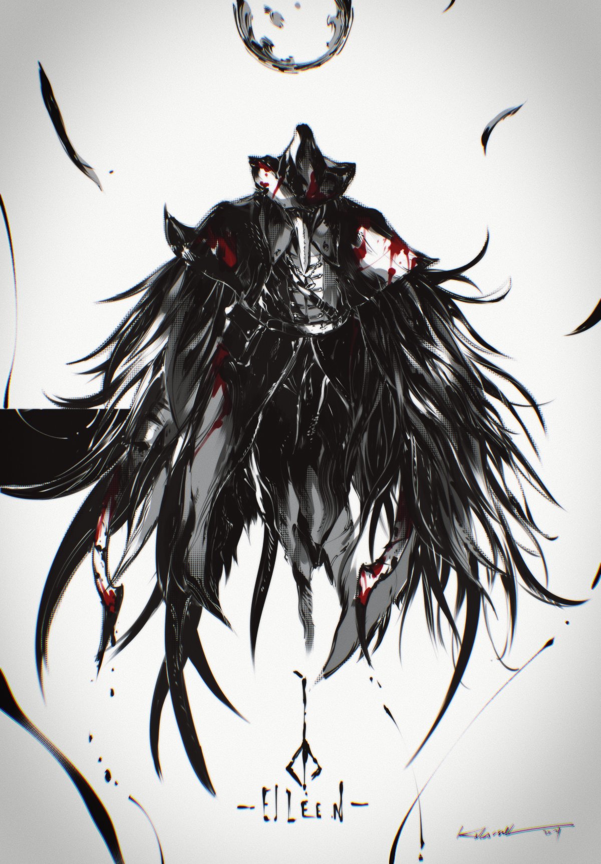 1girl bell blades_of_mercy blood blood_stain bloodborne bloody_clothes bloody_weapon cape cloak coat dual_wielding eileen_the_crow feather-trimmed_coat feathered_cape feathers greyscale hat highres holding holding_sword holding_weapon jewelry kubaushi mask monochrome necklace plague_doctor_mask signature solo sword weapon